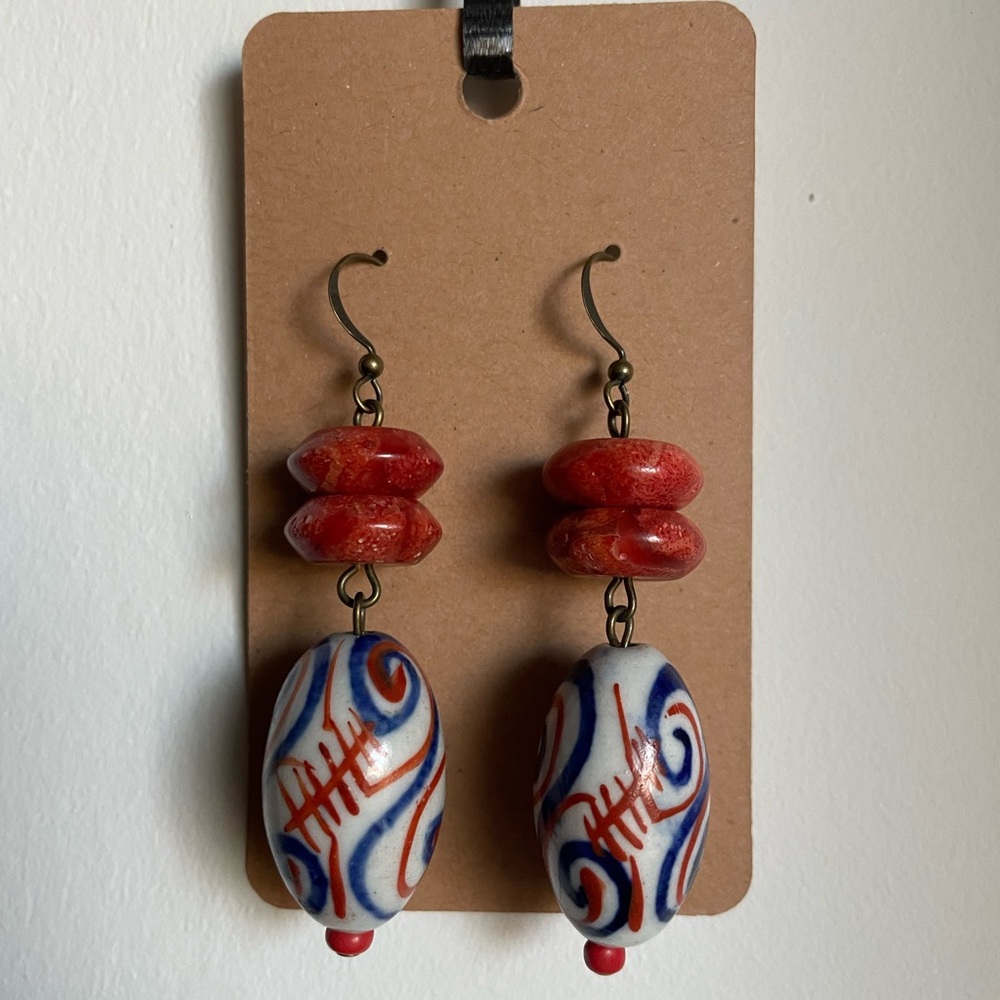 Handmade by me dangling coral & ceramic earrings